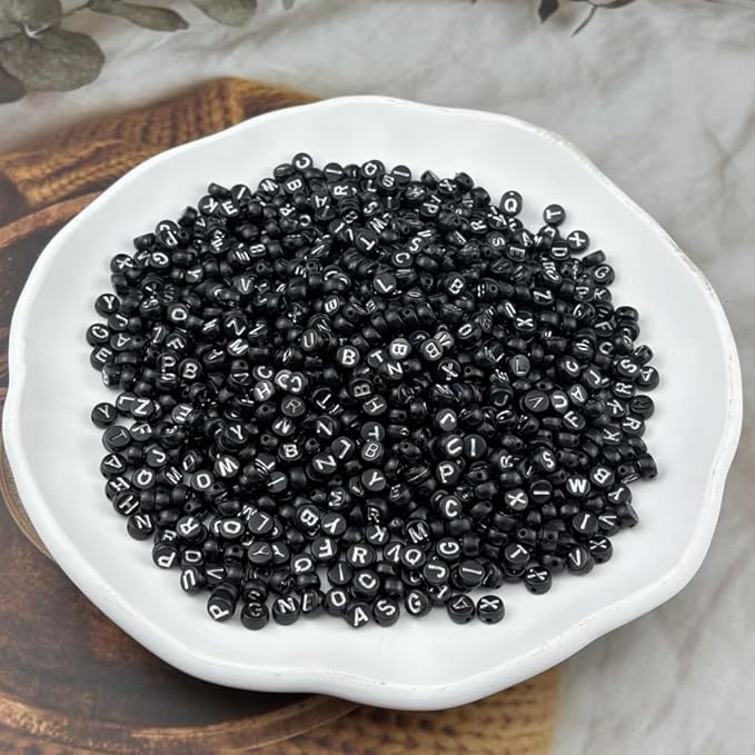 1000pcs Round Letter Beads 4x7mm Acrylic Alphabet Beads Spacer Beads for Jewelry Making Bracelets Necklace Earring Key Chains DIY Craft(R-Silver Letter Black Bead)