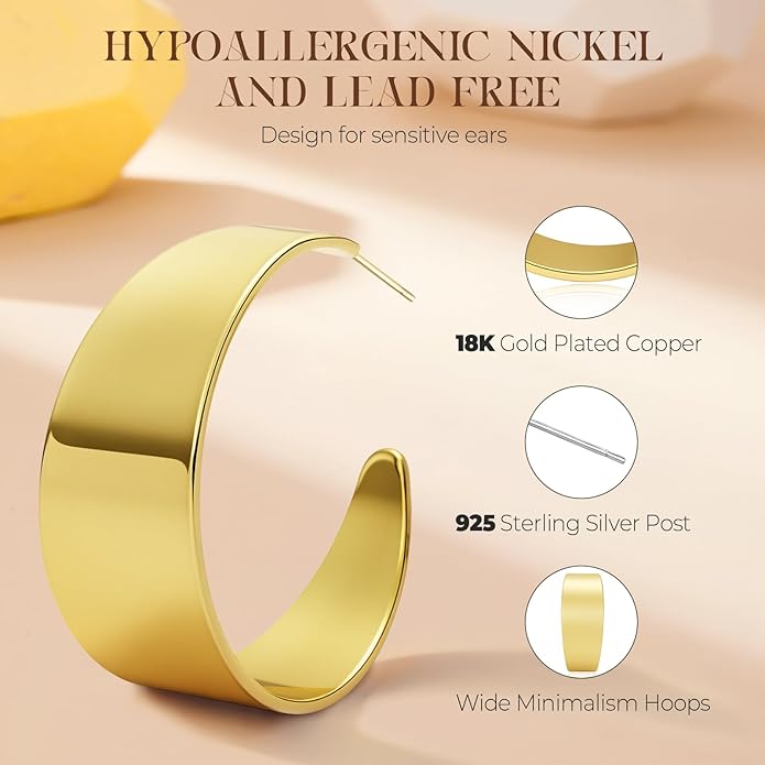 Eyeshock Chunky Gold Hoops Hypoallergenic Thick Statement Earrings for Women 18K Gold Plated Wide Hoop Earrings with Sterling Silver Post