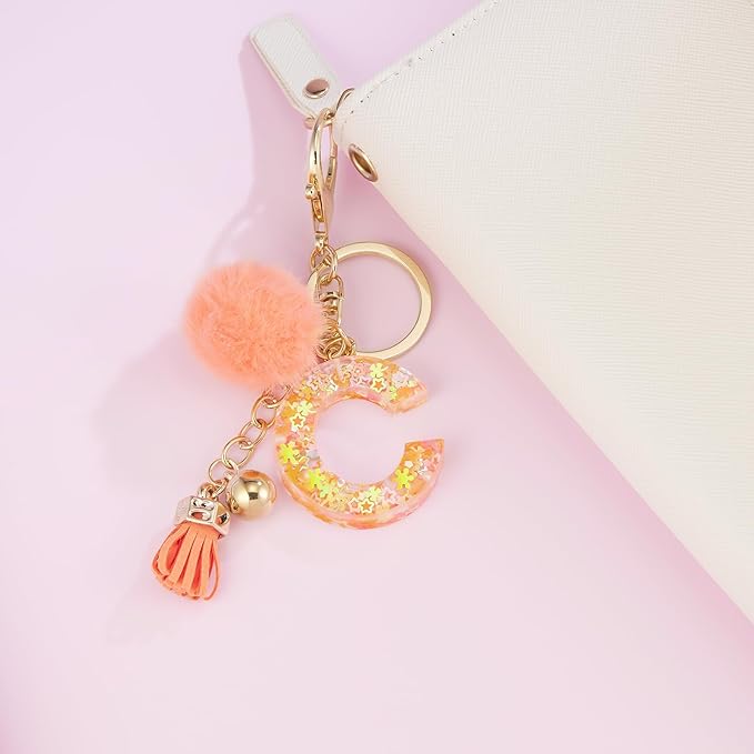 Resin Alphabet Initial Letter Keychain Keyring for Women Purse Handbags With Fur Ball Pom
