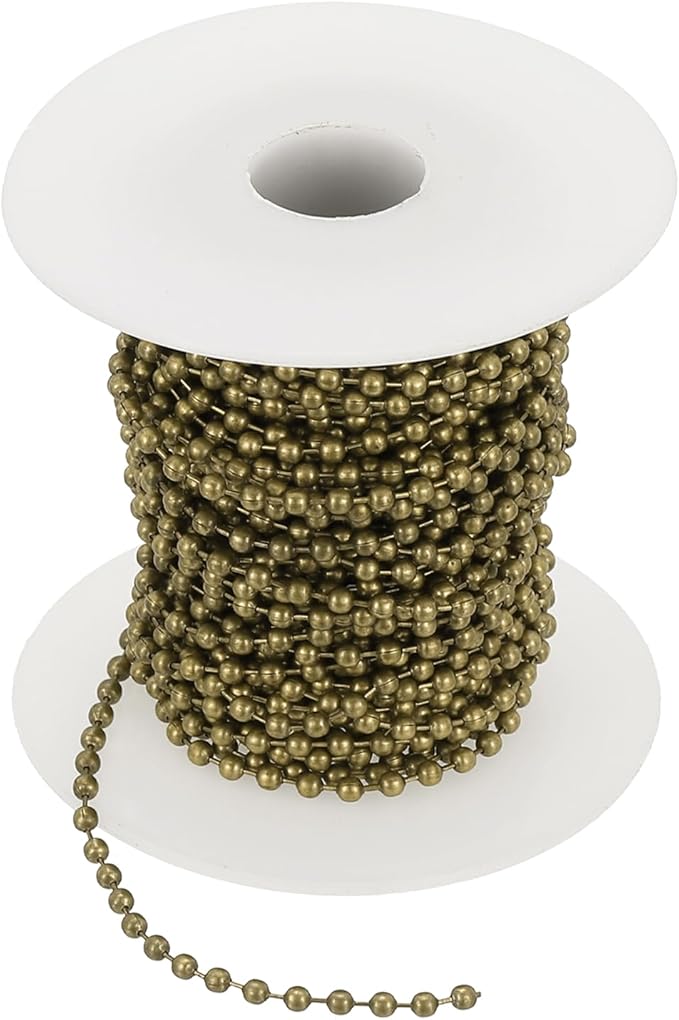 PATIKIL 10m/32.8ft Beaded Ball Chain, 2mm Stainless Steel Pull Chain Extension with 20 Pcs Connectors for Tag Chain, Keychain Rings, DIY Crafts, Bronze