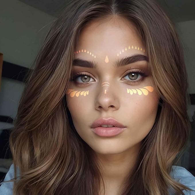 12 Pcs Gold Face Temporary Tattoo Sticker, Glitter Metallic Face Tattoo Stickers, Glitter Freckles, Sparkle Makeup Patches Freckle Tattoos for Women Party Decor 650