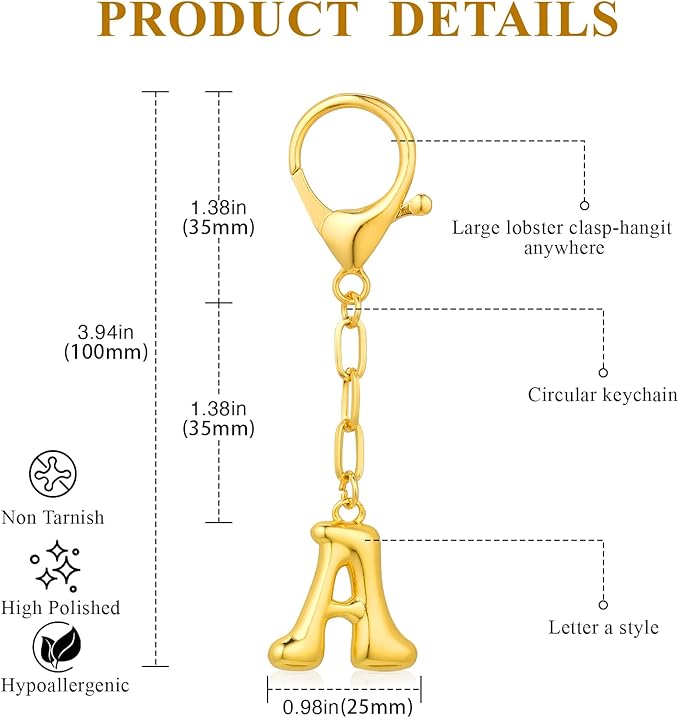 VICKHU Gold Plated Bubble Initial Letter Cute Keychain for Women Car Key Purse Decorative Keyring Handbag Charms Fashion