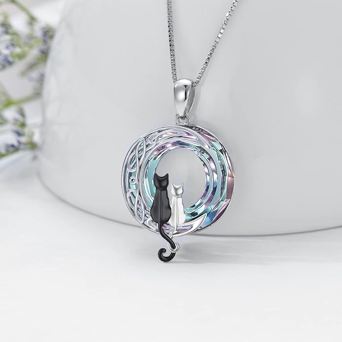 TOUPOP Cat Gifts for Cat Lovers One Two Three Four Cats Necklace Sterling Silver Cats on the Moon Pendant Necklace with Blue Circle Crystal Birthday Christmas Celtic Jewelry Gifts for Women