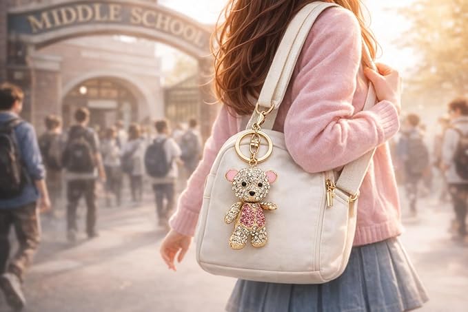 Cute Bear Key Ring Rhinestone, Pink Decorative Cartoon Metal Key Chain Lovely for Student Backpack Women Birthday Gift