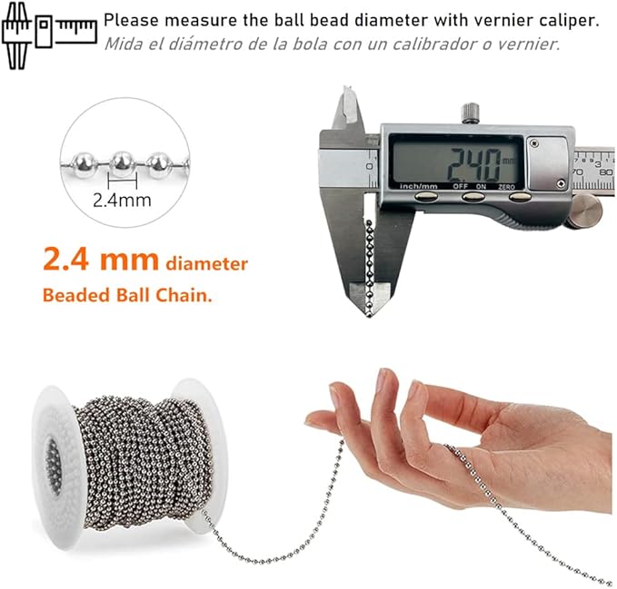 Wayilea Ball Bead Chain 52 Feet, Stainless Steel Ball Chains with 100 Pieces Matching Connectors Clasps, DIY Necklace Making Craft Dog Tag Key Chain, 2.4mm Ball, 1 Roll 16 Meters