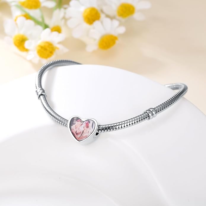 LONAGO 925 Sterling Silver Personalized Photo Charm Fit Compatible for Bracelet Necklace Customized Heart Round Shape Picture Bead