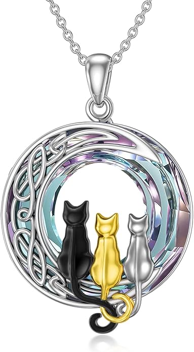 TOUPOP Cat Gifts for Cat Lovers One Two Three Four Cats Necklace Sterling Silver Cats on the Moon Pendant Necklace with Blue Circle Crystal Birthday Christmas Celtic Jewelry Gifts for Women