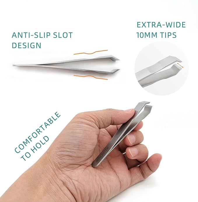 AUSOMTEK Beard & Hair Plucking Tweezers, Fine Eyebrow Tool, Stainless Steel, 10mm Tip, Anti-Slip Slot Design, Cyan PU Case