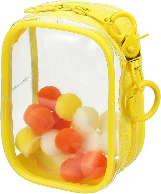 uxcell 3.5 Inch Clear Figure Display Bag, Mini Clear Pouch Waterproof Coin Pouch with Keychain and Pom Poms for Blind Box Doll Display (Square, Yellow)