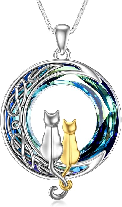 TOUPOP Cat Gifts for Cat Lovers One Two Three Four Cats Necklace Sterling Silver Cats on the Moon Pendant Necklace with Blue Circle Crystal Birthday Christmas Celtic Jewelry Gifts for Women