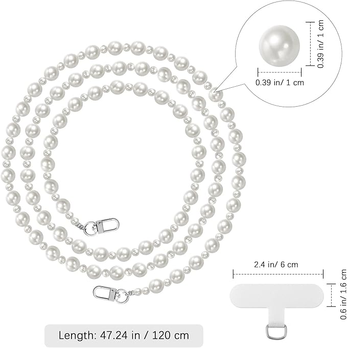 MoKo Universal Phone Lanyard, Pearl Beaded Cell Phone Chain Crossbody Strap Anti-Theft Detachable Women Cellphone Lanyards Around The Neck with Patches for iPhone, Most Smartphones, Ball Pearl
