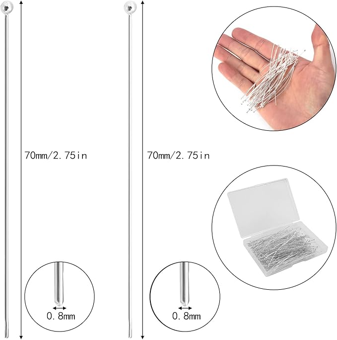 200 Pcs 70mm/2.76 Inch 21 Gauge Ball Pins for Jewelry Making Straight Head Eye Pin for DIY Christmas Styles Craft Earring Bracelet Necklace Pendant Making (Ball Pins,Sliver Color)