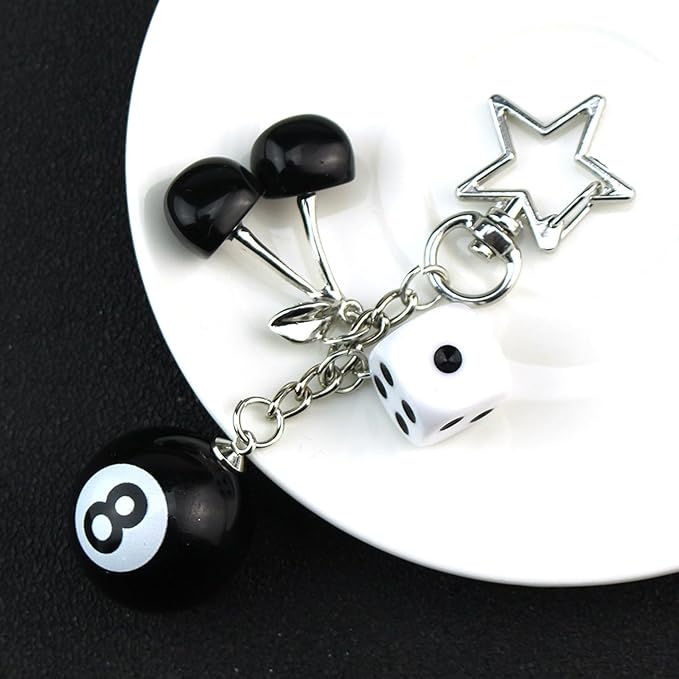 Lucky Dice Cherry Magic 8 Ball Keychain Billiard Ball Star Cherry Bags Charms Cute Y2k Keychain for Women Men