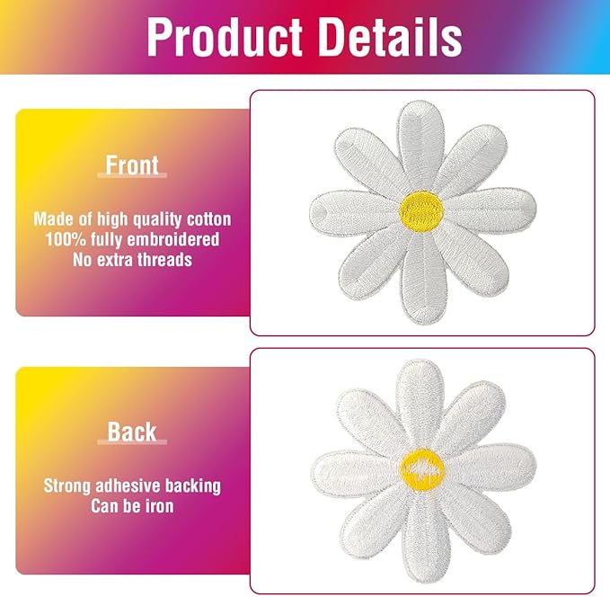 WILDREEDS 25 Pieces 3 Sizes Daisy Flower Iron on Patches, Iron Flower Embroidered Patch for Clothing, T-Shirt, Backpacks, Hats, Jeans, Jackets