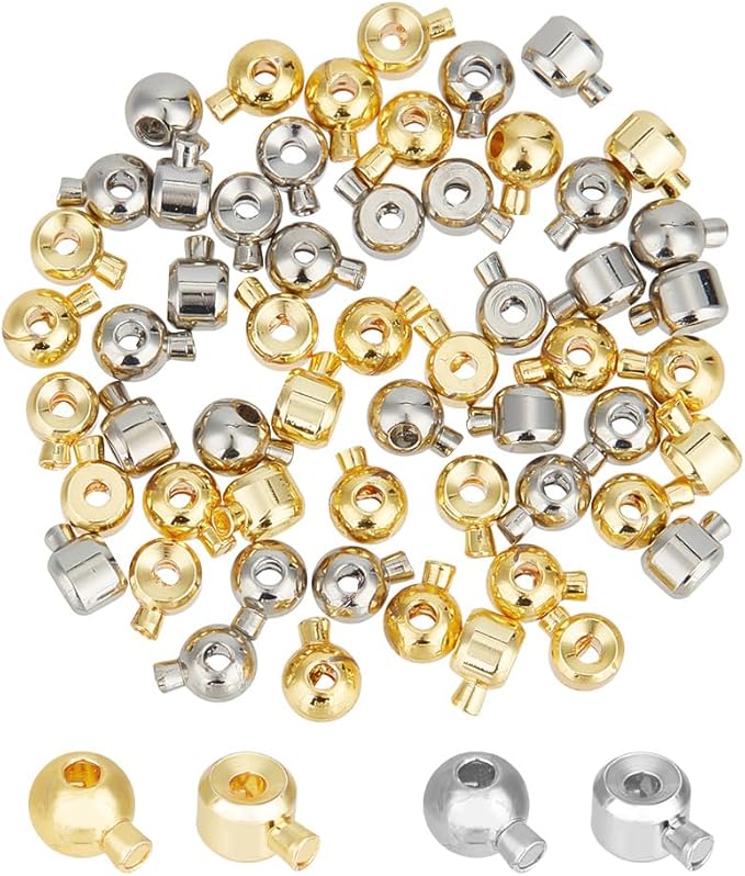 arricraft 56 Pcs Brass Crimp Beads, 2 Colors Column Beads Cord End Caps Rondelle Metal Crimp Beads Tube Crimp End Beads for DIY Crafts Necklace Bracelet Jewelry Making
