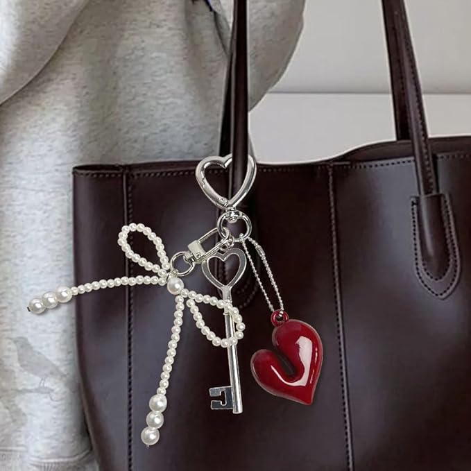 Cute Red Heart Pearl Bow Keychain Accessories, Decorative Pendant for Women's Keychain, Purse, Backpack, Handbags, Gifts