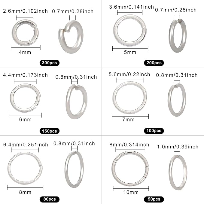 Silver Jewelry Jump Rings Open Jump Rings for Jewelry Making 4mm 5mm 6mm 7mm 8mm 10mm O Ring for DIY Bracelet Earrings Necklace Jewelry Findings Connectors Jumprings