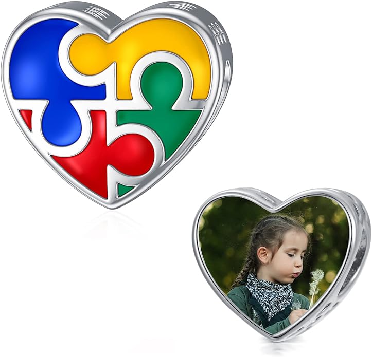 LONAGO 925 Sterling Silver Personalized Photo Charm Fit Compatible for Bracelet Necklace Customized Heart Round Shape Picture Bead