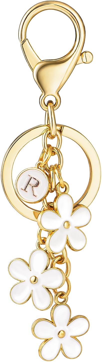 SELOVO Initial Keychain White/Pink/Black Cute Keychain Girl Purse Charms for Handbag Cute Letter Flower Keyring for Backpack