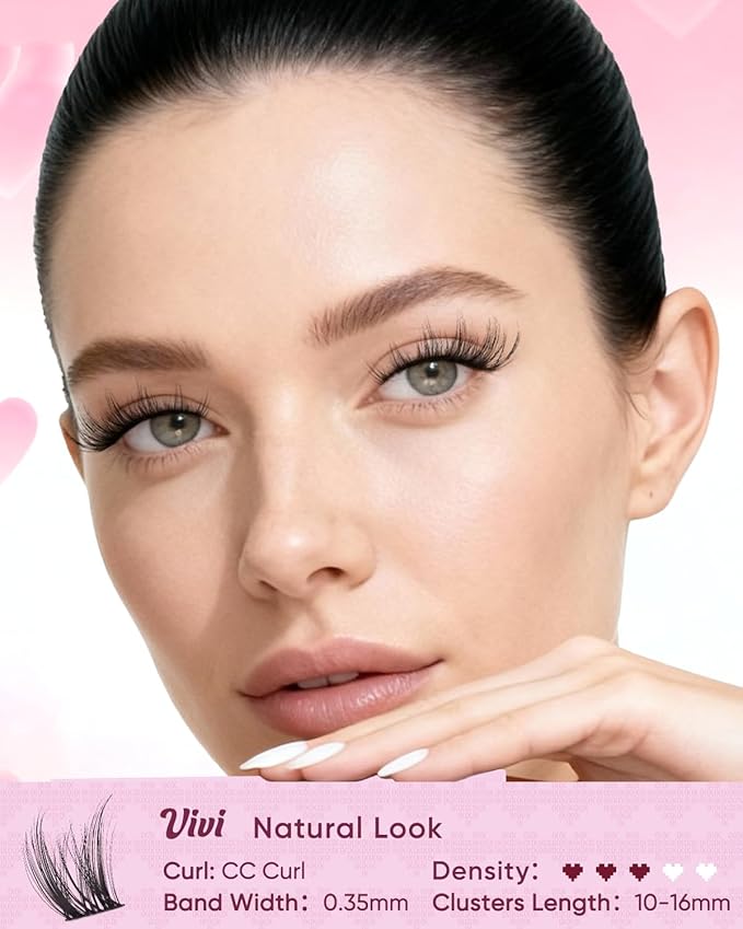 OKAYLOVE Wispy Lash Clusters Kit, VIVI 10-16mm Natural Cluster Eyelash Extensions Kit, 144pcs CC Curl DIY Individual Lashes Black Band Natural Look Eyelashes with Bond and Seal, Remover, Tweezers