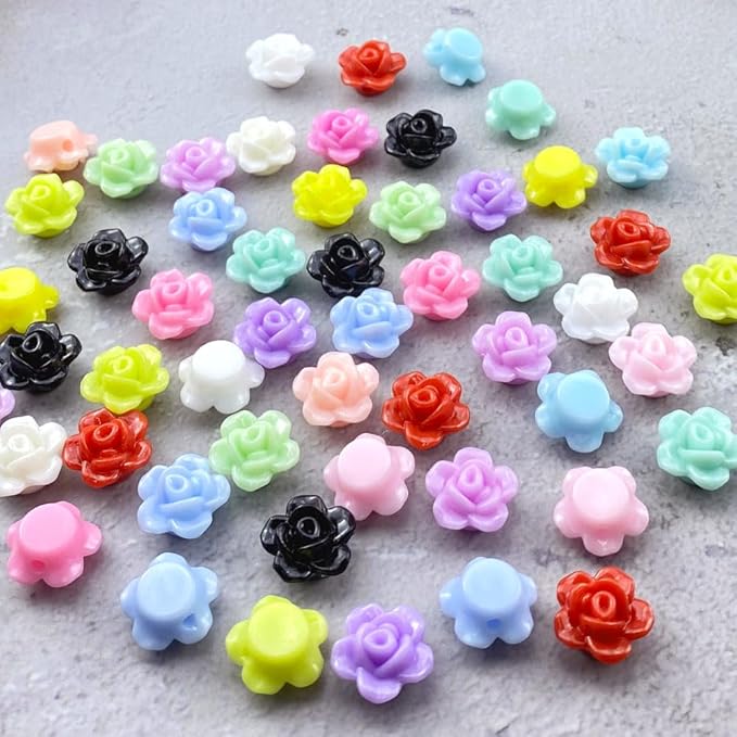 200pcs Acrylic Rose Flower Beads Candy Color Flat Back Spacer Beads Loose Pastel Colorful Decor for DIY Crafts Jewelry Making Bracelet Necklace Earrings(Black)