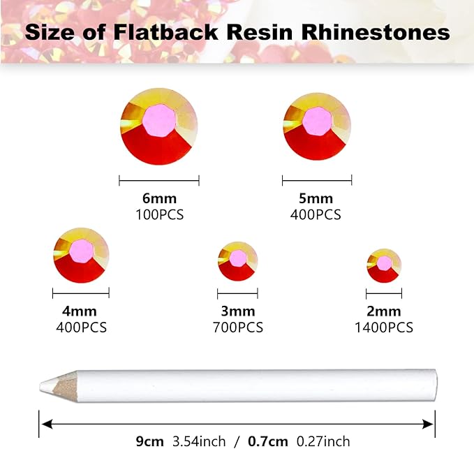3000PCS Resin Flatback Rhinestone, 2mm 3mm 4mm 5mm 6mm Red AB Flatback Jelly Resin Rhinestones for Tumblers, Mugs, Bottles, Craft Decoration, Loose Bling Glitter Gem Stone