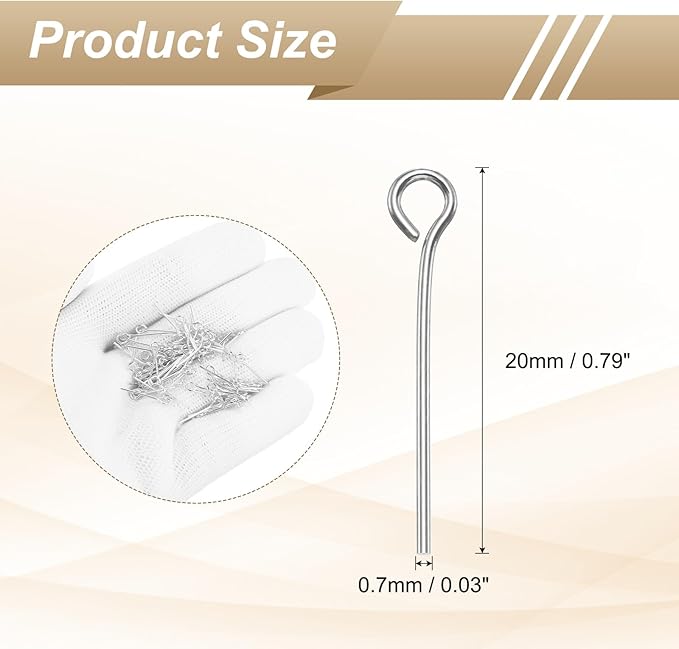 HARFINGTON 100pcs Open Eye Head Pins 0.79" 20mm Mini Metal Wire Eye Pins Beading Small Needles Bulk for Earring Pendant Necklace Bracelet Charm Jewelry Making Findings DIY Craft, Silver Tone