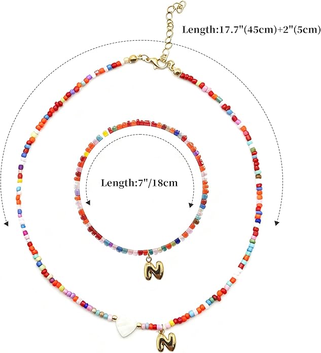 I IHAYNER Colorful Beaded Initial Necklace and Bracelet Set for Girls Personalized Letter Jewelry Gifts Trendy Choker Necklace Matching Bracelet Birthday Friendship Gift