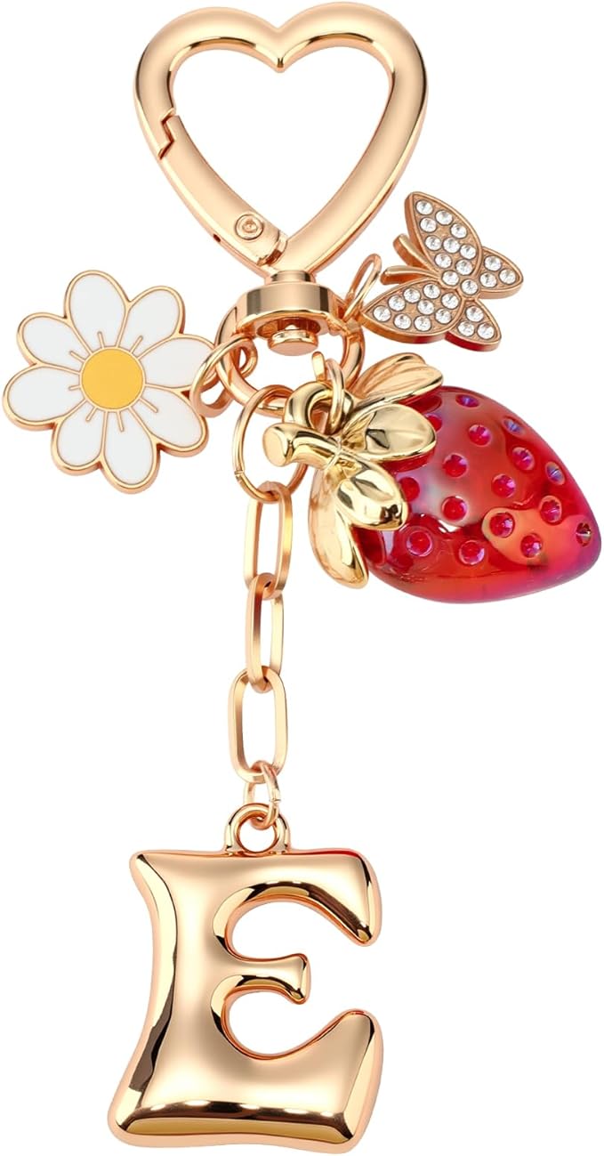 Strawberry Initial Keychain for Women-Cute Kawaii Gold Alphabet Bag Charms, Key chain Gift for Purse Handbag