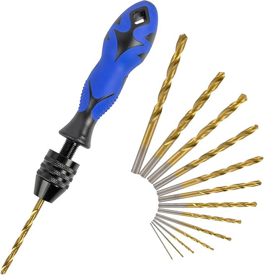 Pin Vise Adjustable 0.8~6.5mm with 13 Pcs Drill Bits HSS Twist Drill Bits Set(0.8mm-6.5mm) for Wood, Jewelry, Plastic, Beads Etc