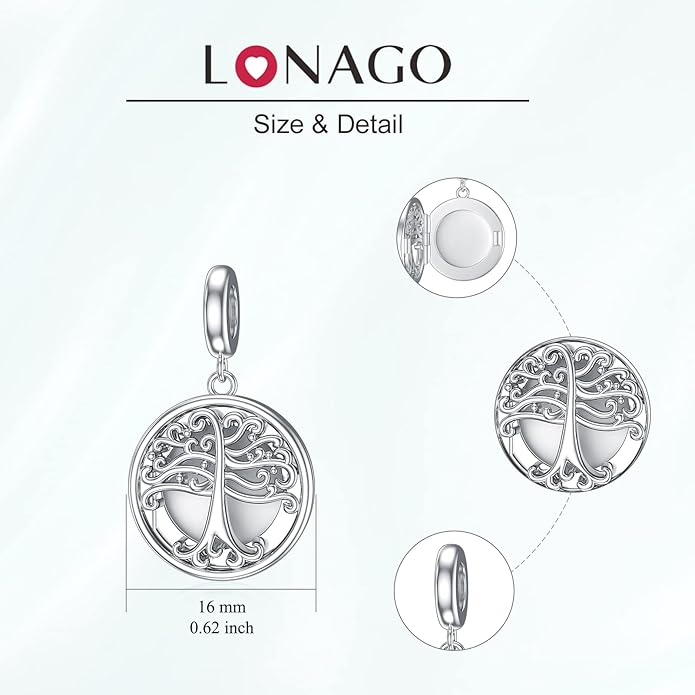 LONAGO 925 Sterling Silver Personalized Photo Charm Fit Compatible for Bracelet Necklace Customized Heart Round Shape Picture Bead