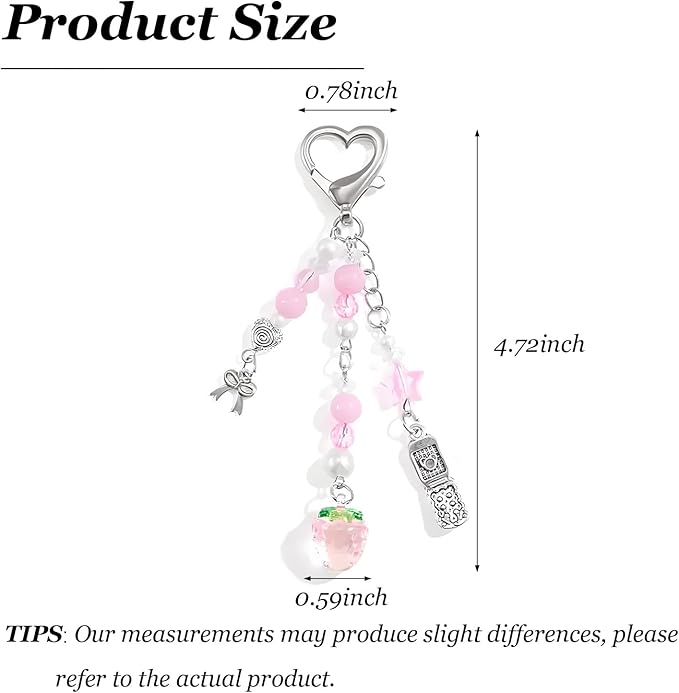 Angyape Cute Pink Strawberry Keychain Y2K Keychain Bow Flower Heart Pendant Bag Charms Kawaii Aesthetic Accessories for Women