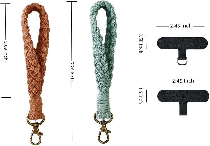 2 PCS Phone Wrist Strap, Cell Phone Lanyard, with 2× Phone Tether Tab, Handmade Macrame Keychain, Phone Case Wrist Lanyard for Women Girls(Coffee+Green)