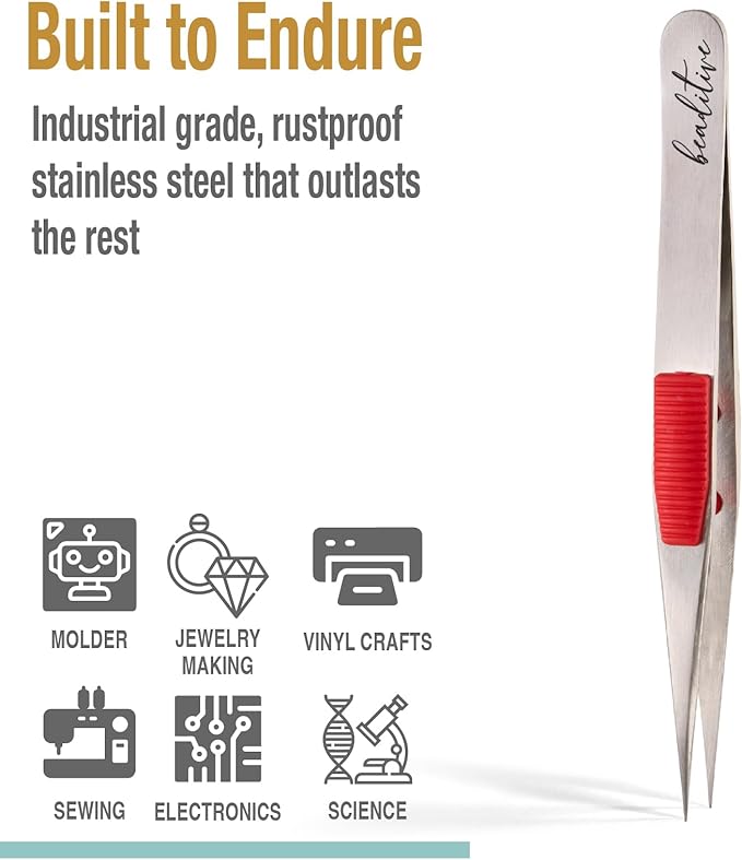 Beaditive High Precision Heavy-Duty Tweezers With Cushion - 4.7" Craft Tweezers for Sewing, Beading & DIY Crafts - Non-Serrated, Fine Point Tips - Stainless Steel Needle Nose Hobby Tweezers (Fuchsia)