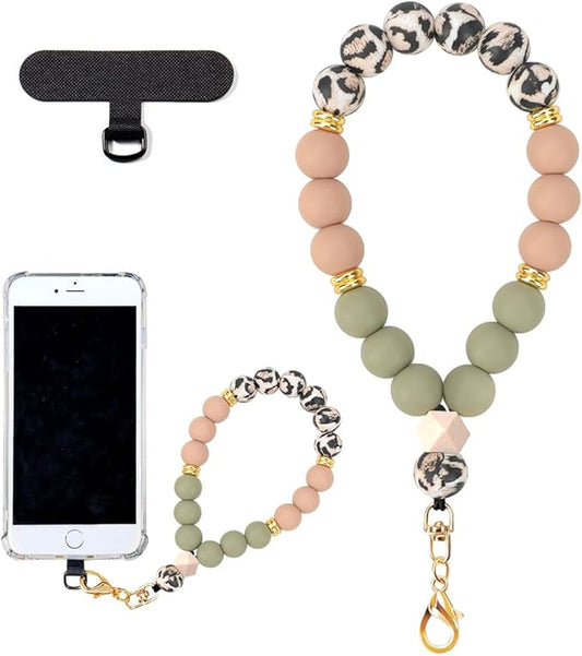 Marble Silicone Beaded Phone Wrist Strap, Cellphone Lanyard with Tether Tab, Elastic Hands-Free Wristlet Bracelet