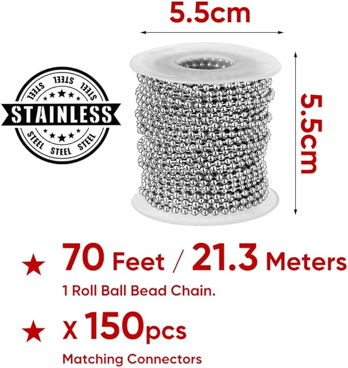 Wayilea Ball Bead Chain 70 Feet, Stainless Steel Chains Silver with 150pcs Connectors Clasps, Dog Tag Key Chains for Bracelet Making DIY Necklace Crafts, 2.4mm Ball, 1 Roll 21.3 Meters
