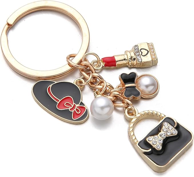 PHAETON 10PCS Keychains with Hat, Lipstick, Pearl, Bow, Handbag Pedant for Women Enthusiast Keychain Set Makeup Lovers Gift Cosmeticians Gift Make up Decoration Favor