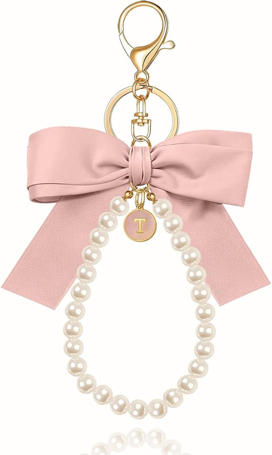 XGALBLA Initial Letter Cute Coquette Bow Keychain for Women, Wristlet Simulated Pearl Keychains Bag Charms for Handbags