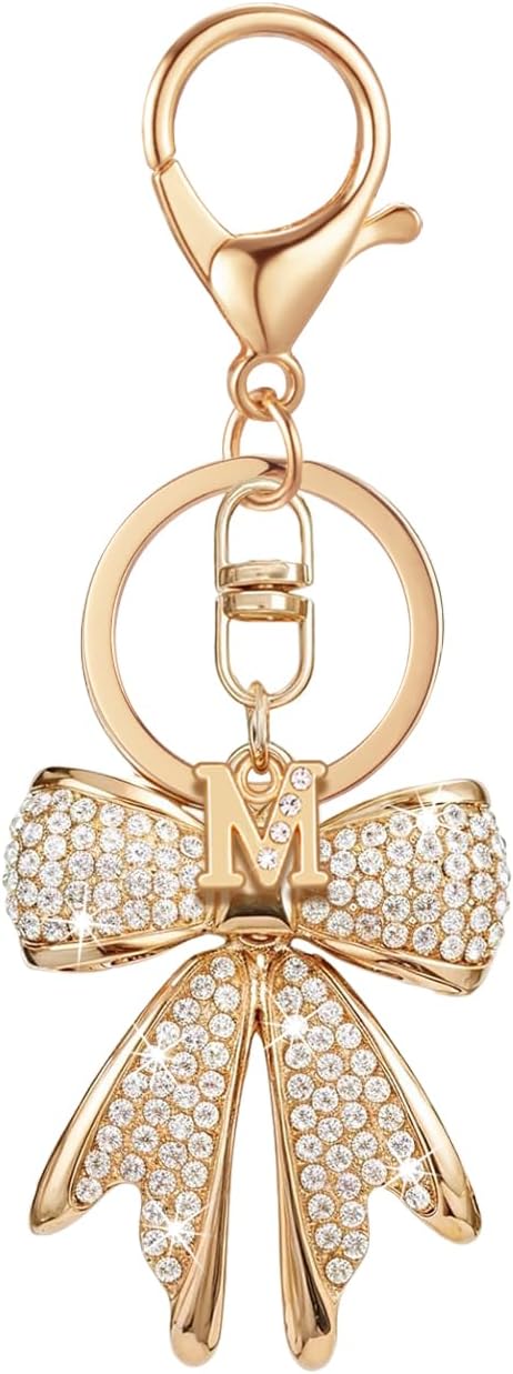 XGALBLA Sparkly Cute Initial Letter Rhinestone Bow Keychain for Women Gold Tone Bag Charms Coquette Aesthetic Purse Charms
