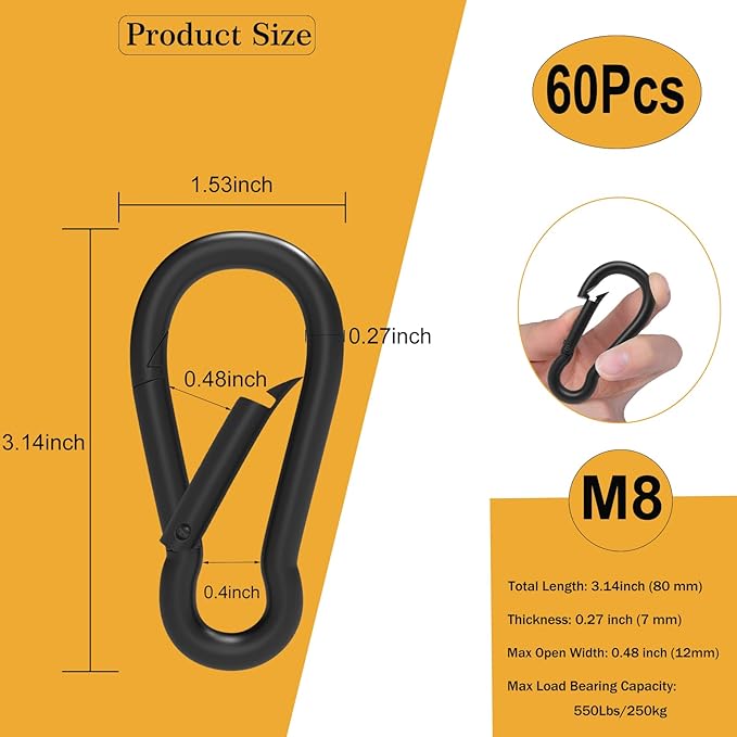 Carabiner Clip Spring Snap Hook, Heavy Duty Spring Snap Hook, Quick Link Keychain Clip for Keys Swing Set Camping Fishing Hiking Traveling