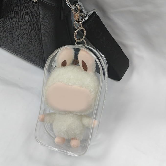 4 Pcs Clear Figure Display Bag with Keychain Case Blind Box Keychain Carrying Case Lipstick Charm for Collectibles Suitable for dolls19 cm/7.38 inches(4 Colors)