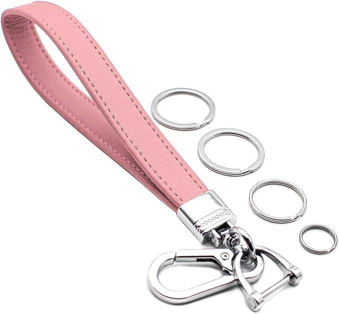 Car Fob Key Chain Genuine Leather Wristlet Strap Keychains Holder for Men and Women, 360 Degree Rotatable, with Anti-lost D-Ring, Carabiner Clip and 4pcs Key Rings, Pink