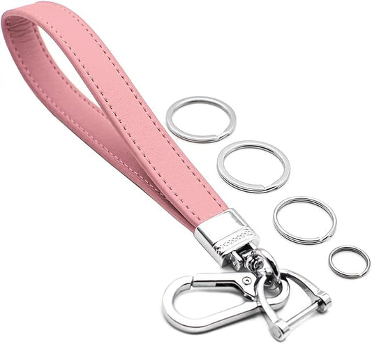 Car Fob Key Chain Genuine Leather Wristlet Strap Keychains Holder for Men and Women, 360 Degree Rotatable, with Anti-lost D-Ring, Carabiner Clip and 4pcs Key Rings, Pink