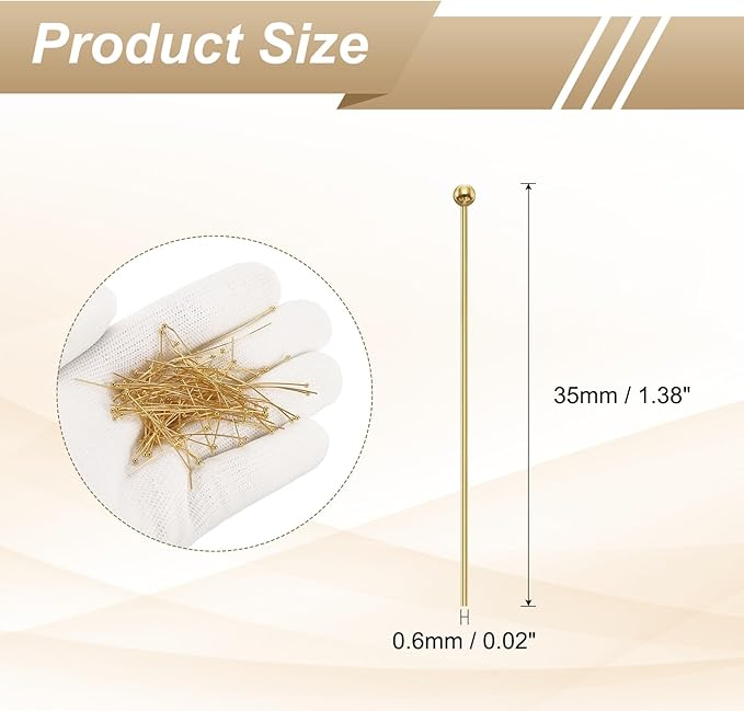 HARFINGTON 100pcs Ball Head Pins 1.38" 35mm Round Head Pins for Earring Pendant Necklace Bracelet Charm Jewelry Making Findings DIY Craft, 18K Gold