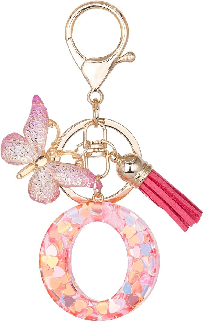Initial Keychain Cute Pink Resin Letter and Butterfly Charms Keychains for Backpack Purses
