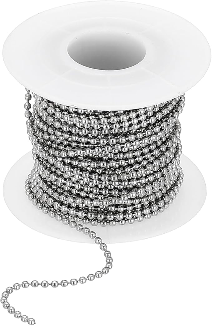 PATIKIL 10m/32.8ft Beaded Ball Chain, 2mm Stainless Steel Pull Chain Extension with 20 Pcs Connectors for Tag Chain, Keychain Rings, DIY Crafts, Silver