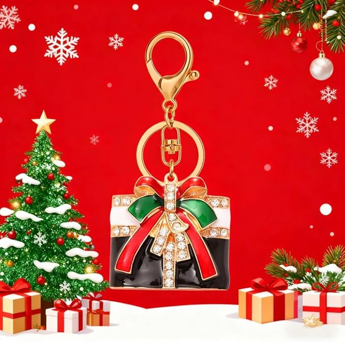 Dreuyet Christmas Keychain Rhinestone Crystal Christmas Tree Santa Purse Bag Handbags Charms for Women Lady Friends