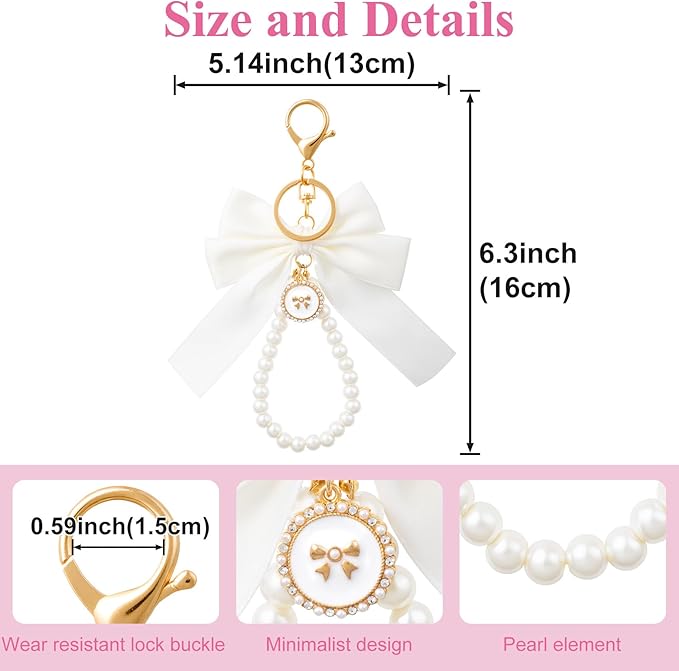 Joez Wonderful Pearl Bow Keychain, Cute Pink Bowknot & Pearl Keyring Charms, Aesthetic Keychain