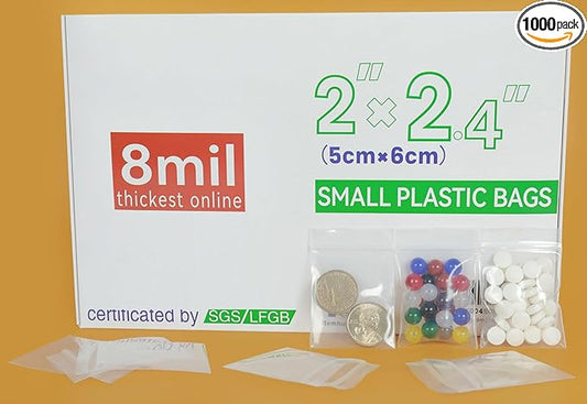 Small Plastic Bags,Jewelry Bags,Small Baggies,Tiny Bag,Mini Baggies,for Storage,Pill,Bead,Dime,Coin,Food,Snack,Candy,Earring,Necklace,Seed,Travel,Thick,8mil(two sides together), 2"×2.4", 1000PCS