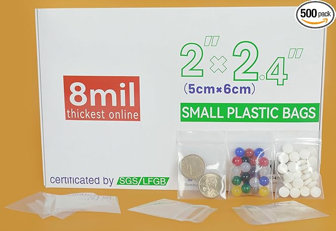 Small Plastic Bags,Jewelry Bags,Small Baggies,Tiny Bag,Mini Baggies,for Storage,Pill,Bead,Dime,Coin,Food,Snack,Candy,Earring,Necklace,Seed,Travel,Thick,8mil(two sides together), 2"×2.4", 500PCS